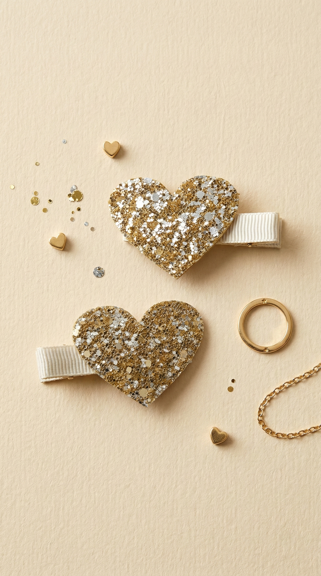 2'li Gold Glitter Kalp Klips Toka Seti