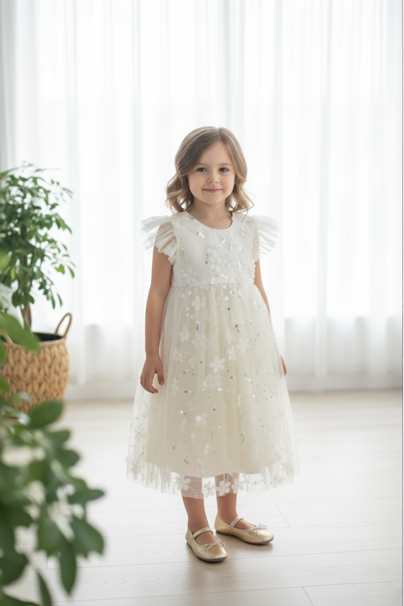 Gümüş Payetli 3D Papatya Çiçekli Ekru Tül Kız Çocuk Elbise – Özel Günler İçin