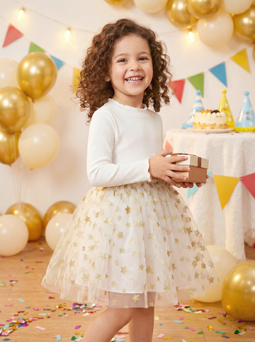Gold Star Printed Ruffle Tulle Dress