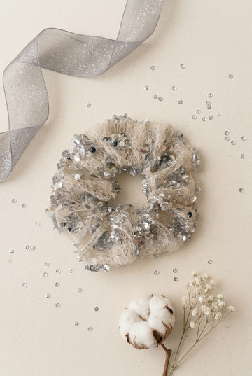 Gümüş Renk Payetli Işıltılı File Scrunchie Toka