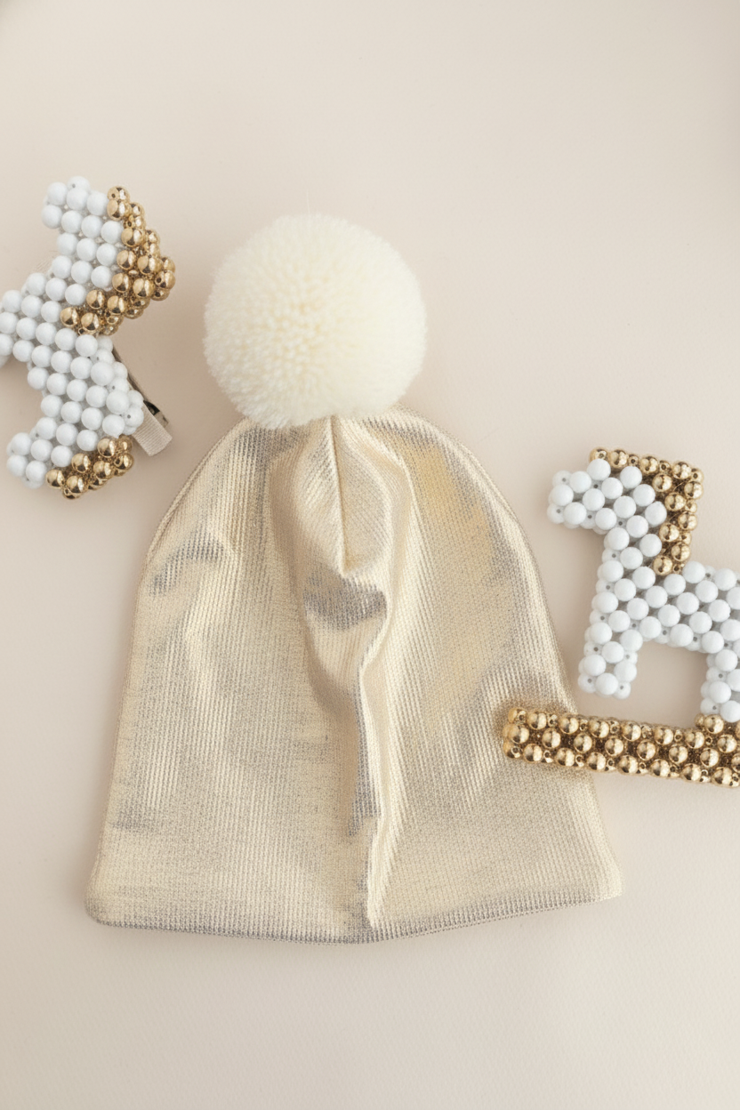 Gold Varak Baskili Krem Ponpon Cift Katli  LikrlI Penye Bere