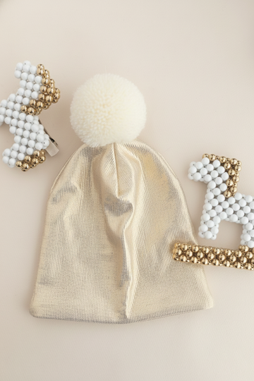 Gold Varak Baskili Krem Ponpon Cift Katli  LikrlI Penye Bere