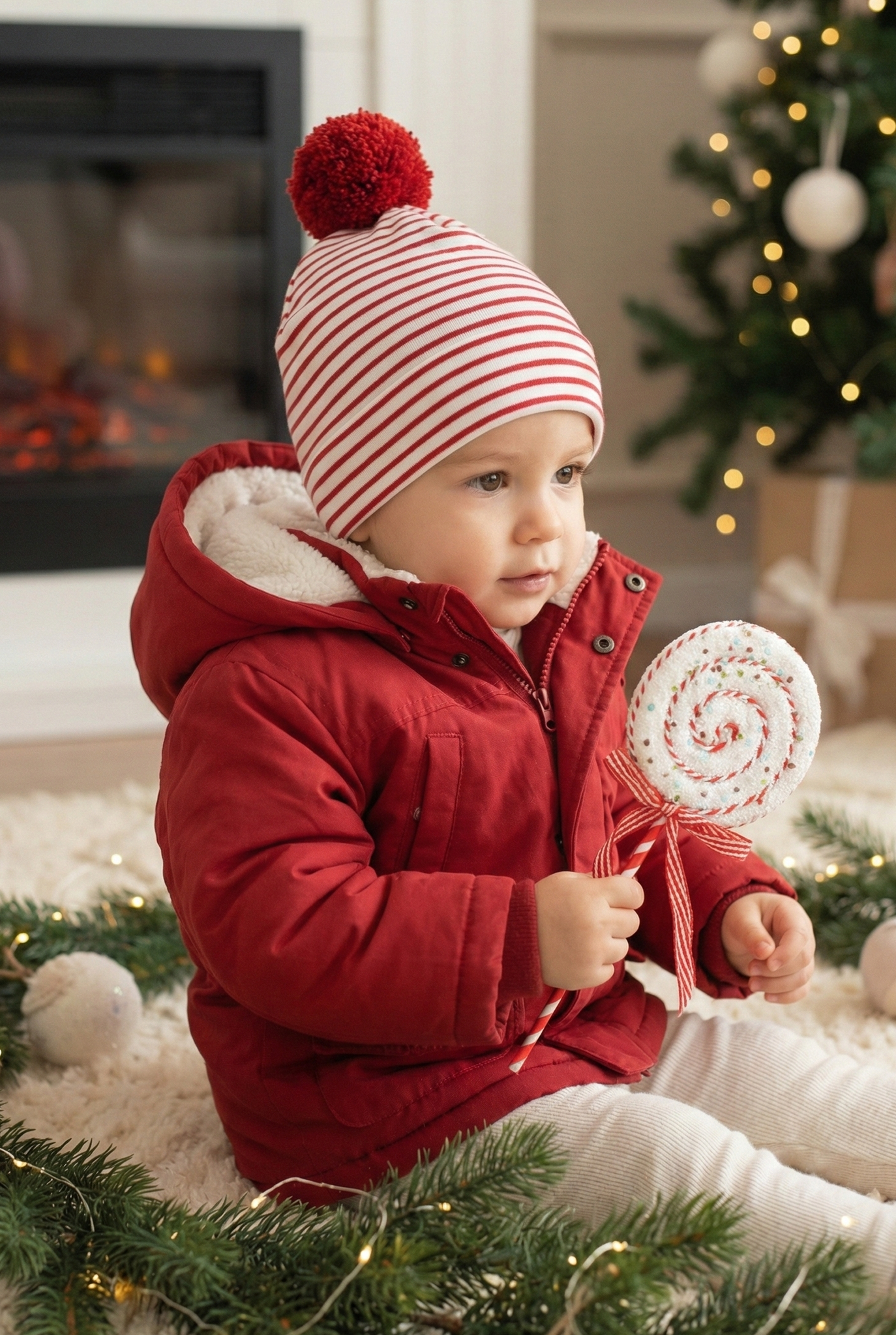 Unisex Kirmizi Beyaz Cizgili Ponpon Cift Katli Likrali Penye Bere