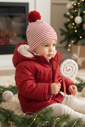 Unisex Kirmizi Beyaz Cizgili Ponpon Cift Katli Likrali Penye Bere