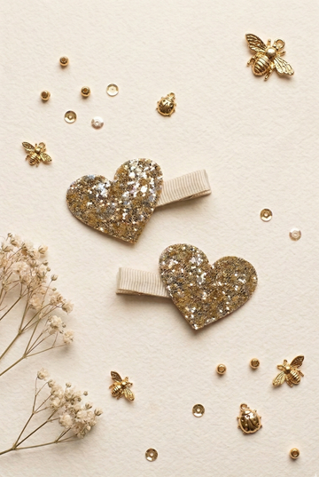 2'li Gold Glitter Kalp Klips Toka Seti