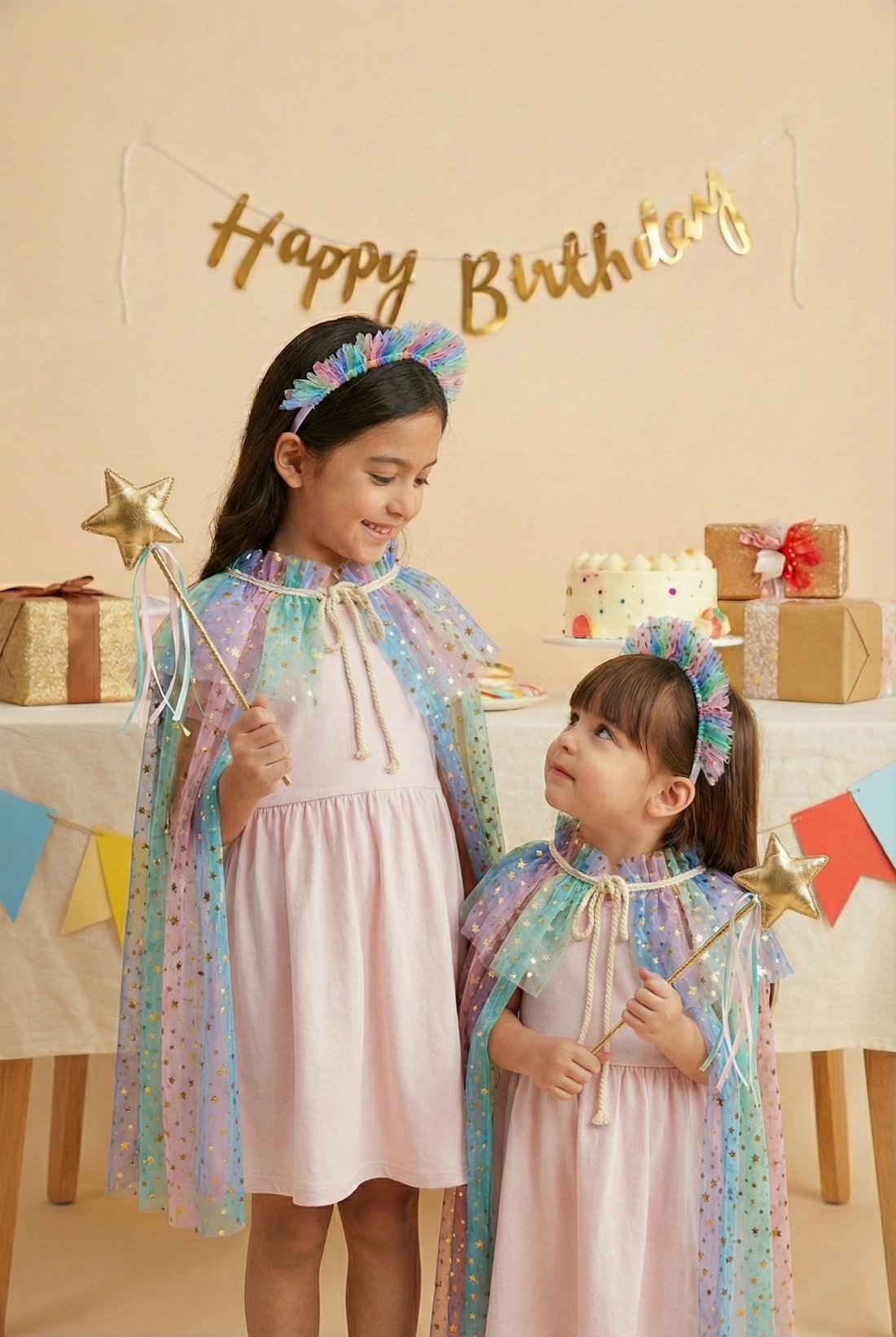 Multi Color Parlak Yıldız Baskılı Kız Çocuk Pelerin Asa ve Taç Seti