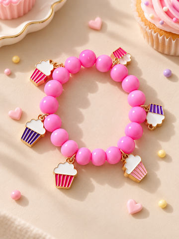 Renkli Cupcake Charm Detaylı Pembe Boncuk Bileklik – Lastikli Çocuk Bilekliği