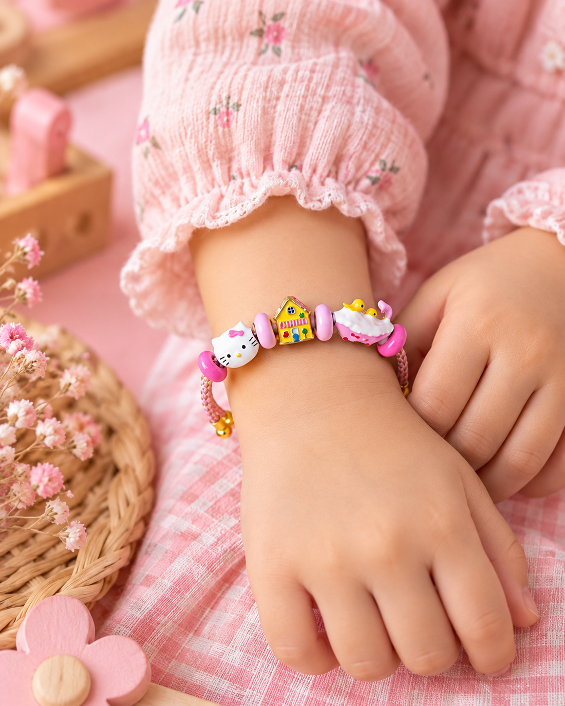 3’lü Mineli Hello Kitty Charm Detaylı Simli Kordon Bilezik 4-12 Yaş