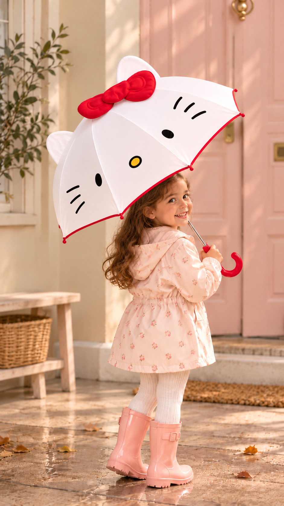 Ekstra Dayanıklı Beyaz Pembe Hello Kitty Temalı Şemsiye