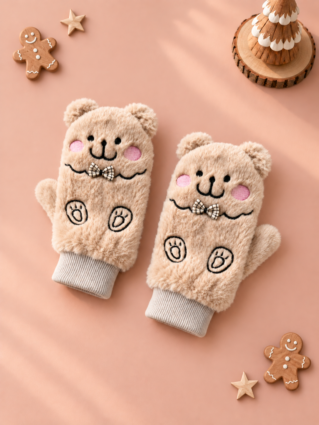 Kedi Figürlü Nakışlı Bej Rengi Peluş Eldiven