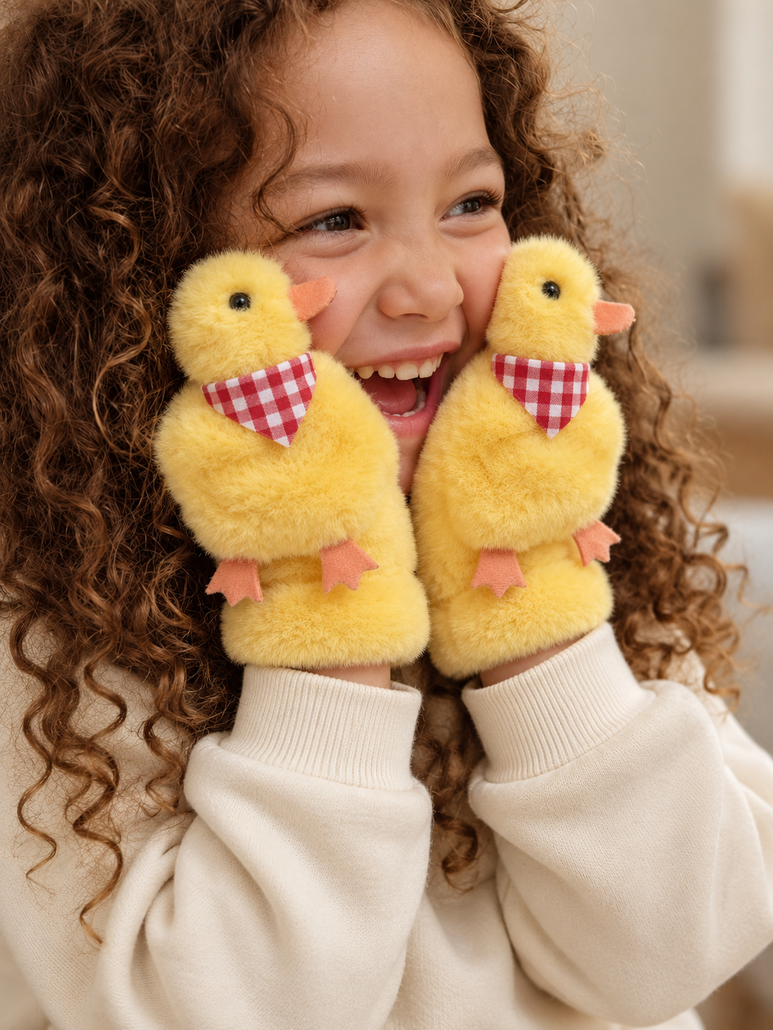 Sarı Ördek Figürlü Önlüklü  Peluş Eldiven