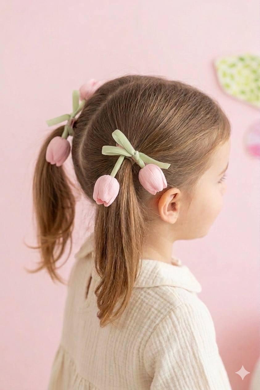 2'li Lale Figürlü Elyaf Dogulu Pastel Saten Fiyonk Klips Seti