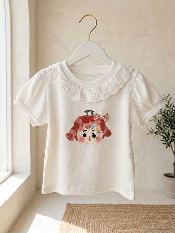 Kısa Kollu Fisto Yakalı Ekru Renk Sevimli Kız Çocuk Baskılı T-shirt