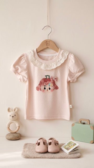 Kısa Kollu Fisto Yakalı Pudra Renk Sevimli Kız Çocuk Baskılı T-shirt