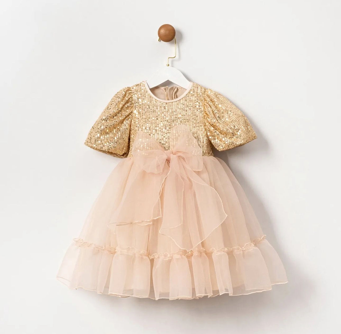Gold Sequined Ruffle Balloon Sleeve Tulle Dress