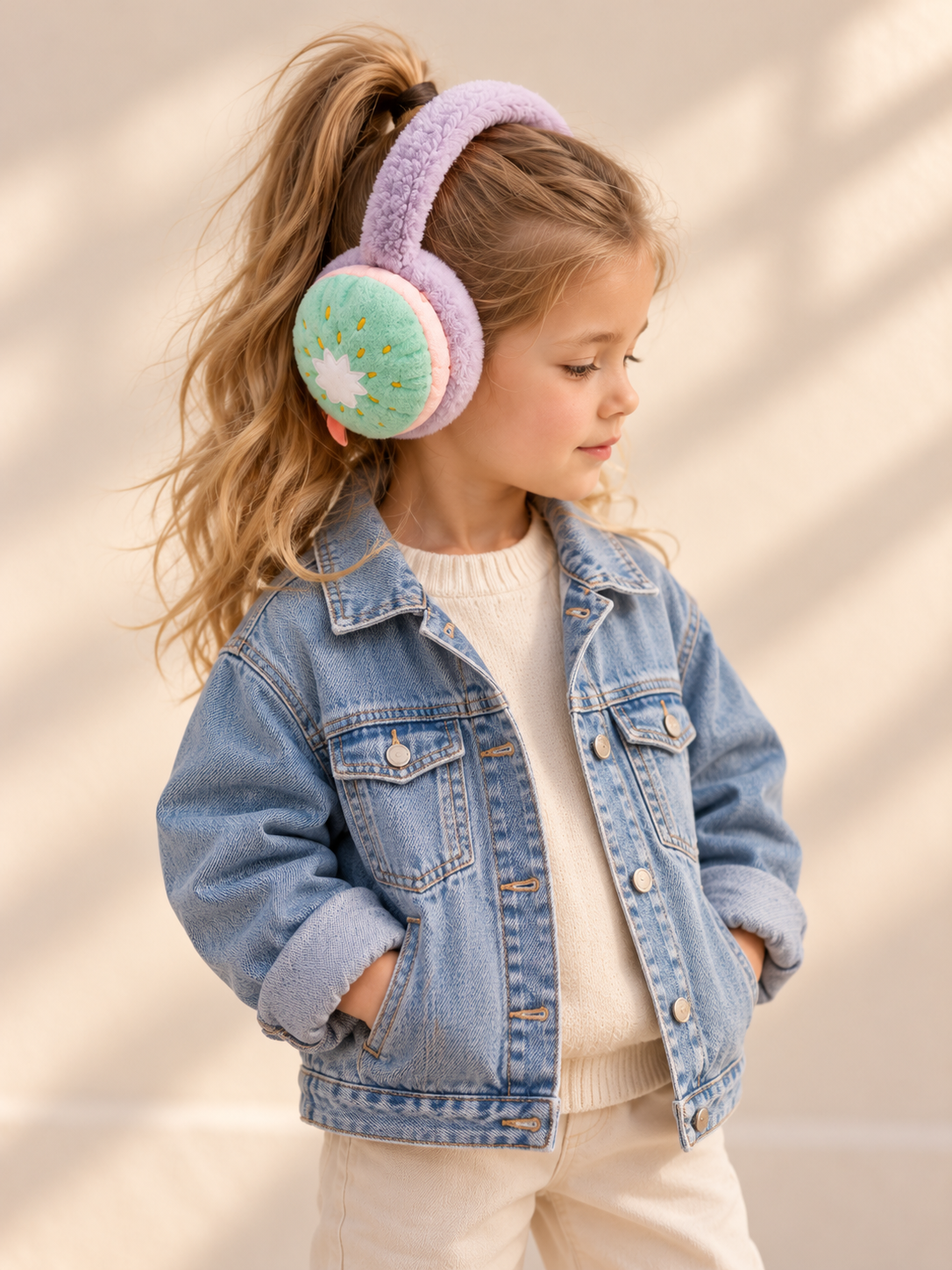 Popup Nakışlı Lila Peluş Yumoş Kulaklık