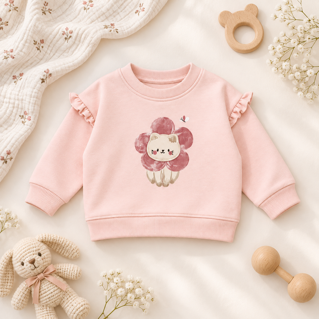 Pudra Kedi Aplikeli Bebek Sweatshirt