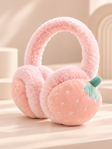 Çilek Nakışlı Pembe Peluş Yumoş Kulaklık