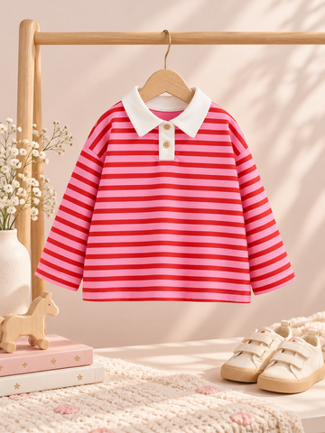 Kız Çocuk Pamuklu Polo Yaka Pembe Çizgili Sweatshirt