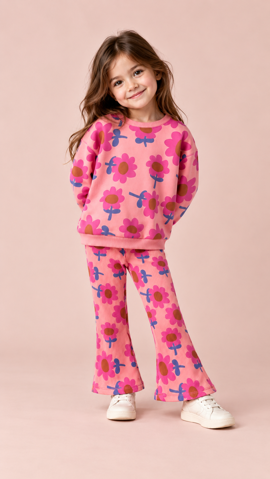 Kız Çocuk Retro Papatya Desenli Pembe Sweatshirt ve İspanyol Paça Tayt Takımı