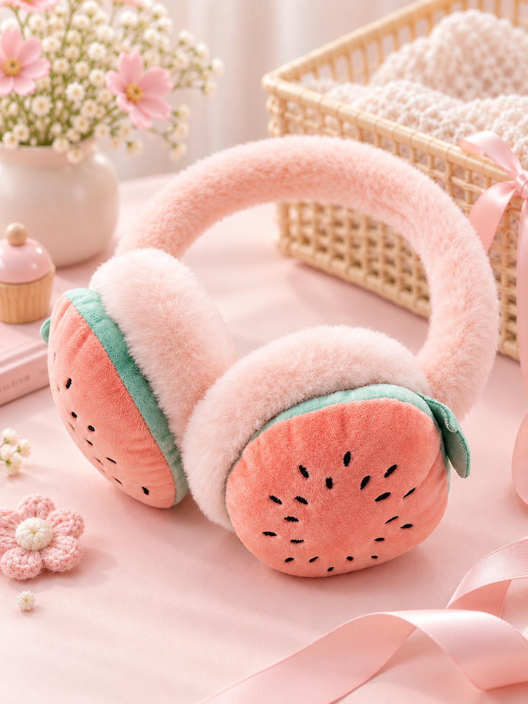 Karpuz Nakışlı Pembe Peluş Yumoş Kulaklık