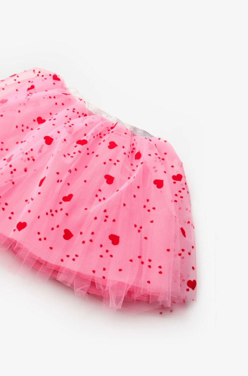 Pembe Kadife Kalp Baskılı Lastikli Tütü Etek