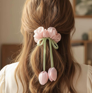 Lale Figürlü Organze Saten Scrunchie Toka Çocuk ve Yetişkin