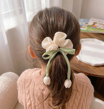 Lale Figürlü Ekru Renk Organze Saten Scrunchie Toka Çocuk ve Yetişkin