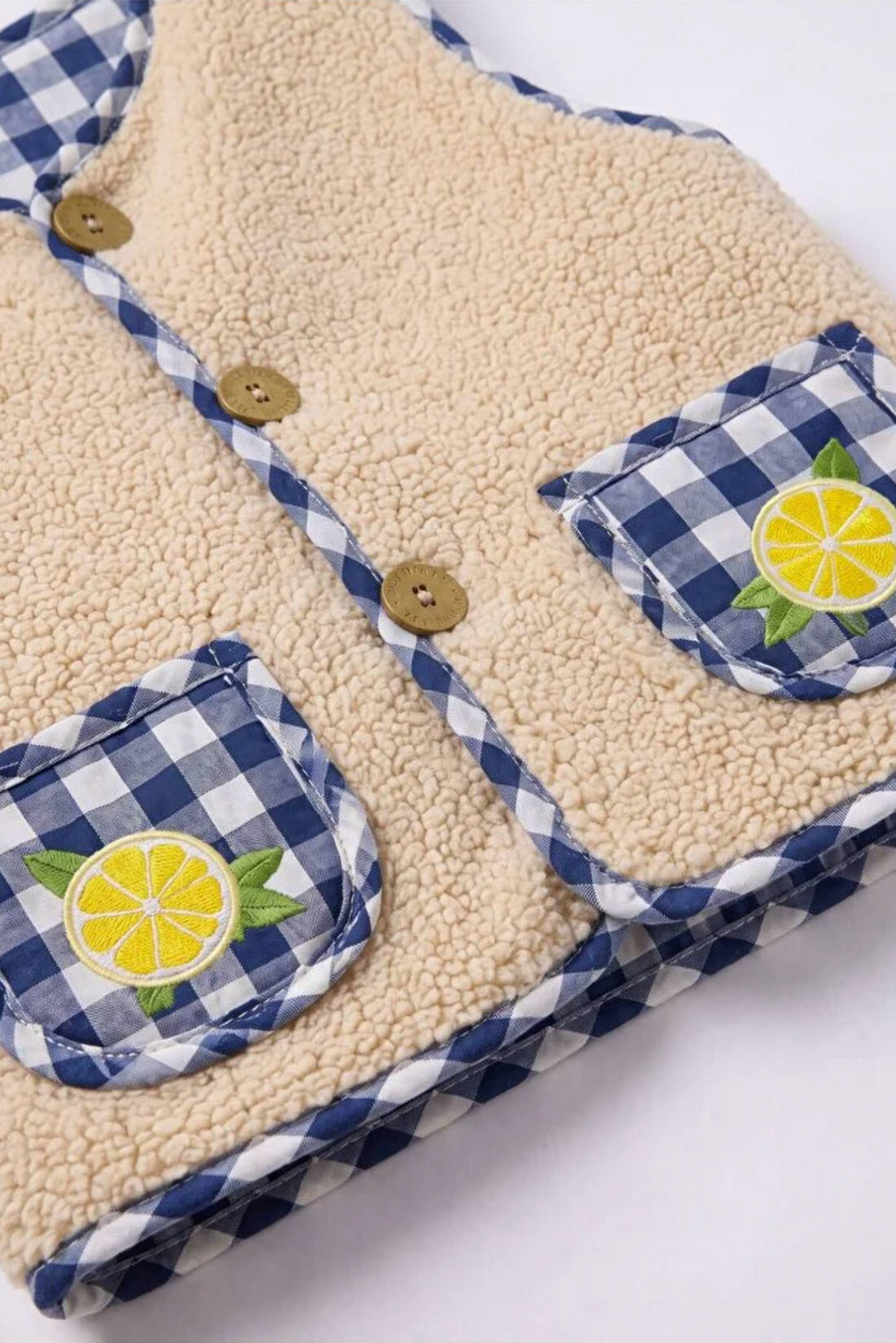 Peluş Limon Nakışlı Ekru Lacivert Unisex Yelek