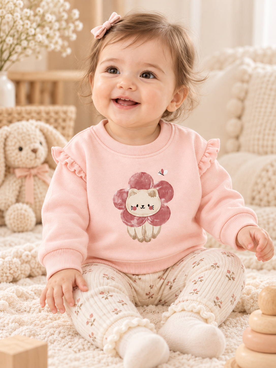 Pudra Kedi Aplikeli Bebek Sweatshirt