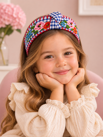 Red Gingham Etamine Flower Embroidered Knotted Headband