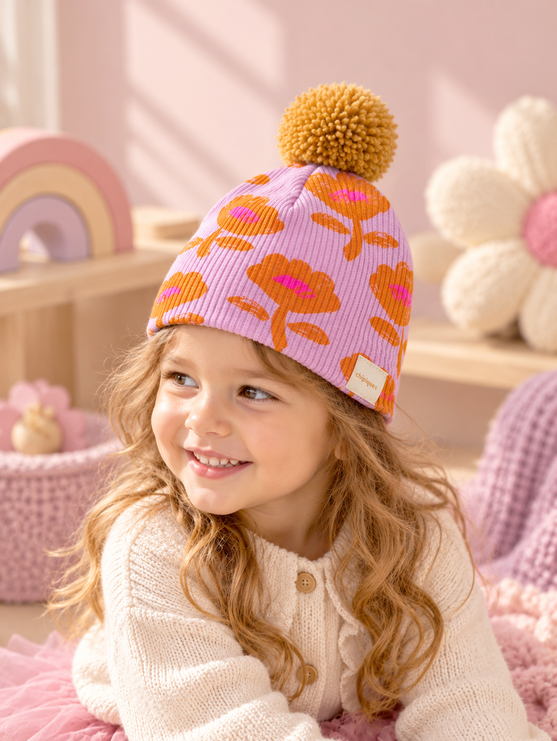 Unisex Blue Fairy-Tale Forest Print Mustard Pompom Double-Layer Cotton Jersey Beanie