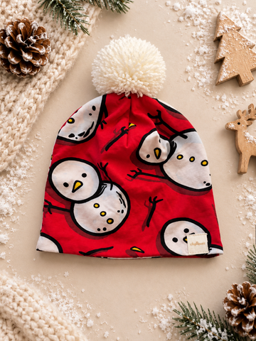 Unisex Blue Fairy-Tale Forest Print Mustard Pompom Double-Layer Cotton Jersey Beanie