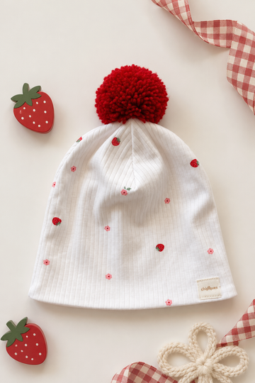 Unisex Blue Fairy-Tale Forest Print Mustard Pompom Double-Layer Cotton Jersey Beanie