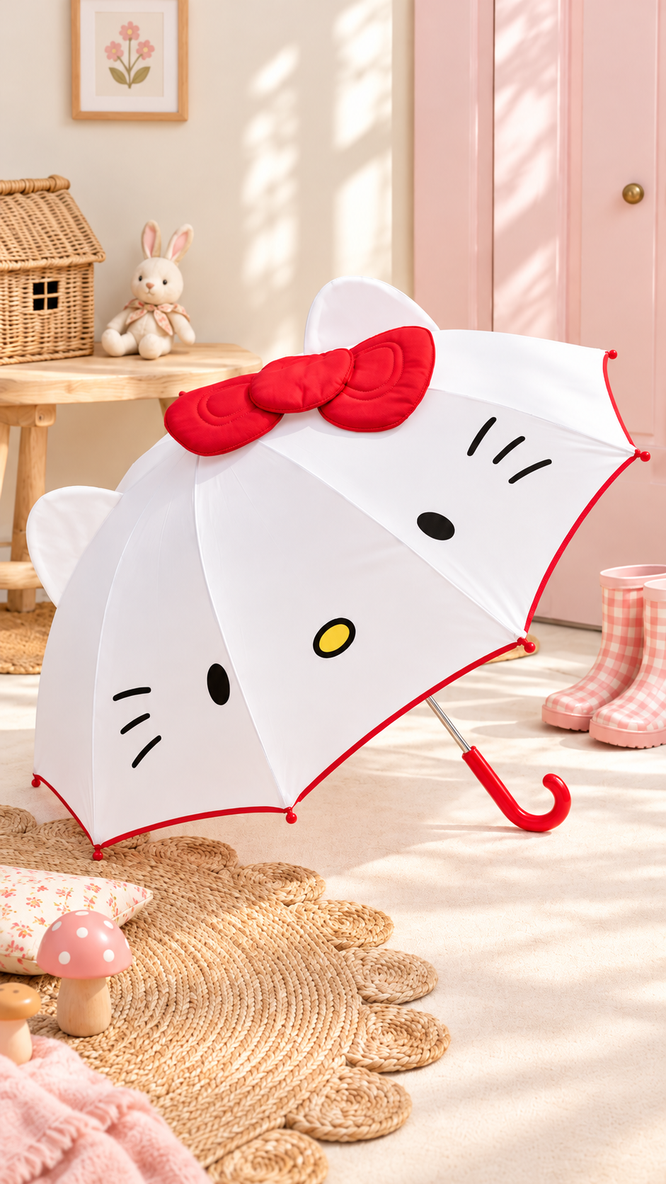 Ekstra Dayanıklı Beyaz Pembe Hello Kitty Temalı Şemsiye
