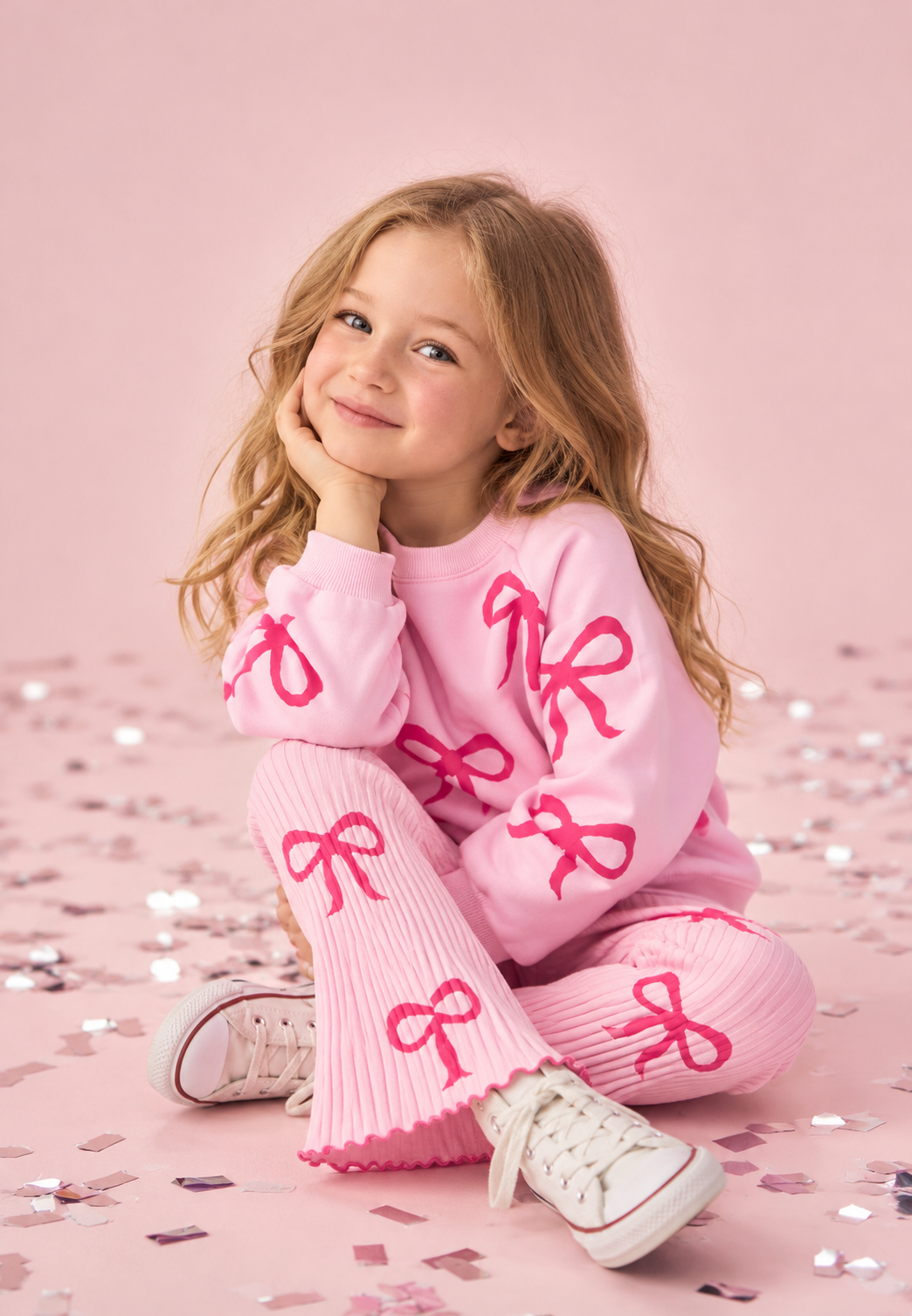 Kız Çocuk Fiyonk Desenli Pembe Sweatshirt ve İspanyol Paça Tayt Takımı