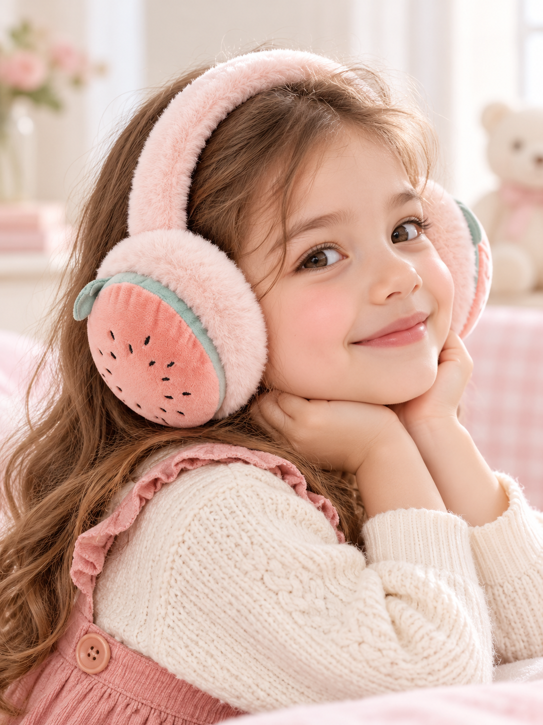 Karpuz Nakışlı Pembe Peluş Yumoş Kulaklık