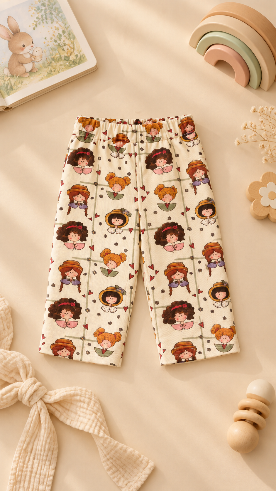 Vintage Kız Çocuk Figürlü Pamuklu Kot Pantolon