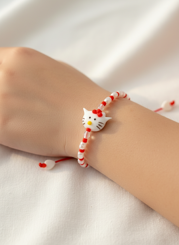 Kedi Figürlü Murano Cam Boncuk Sargılı Dizi Boncuklu Çocuk Bileklik