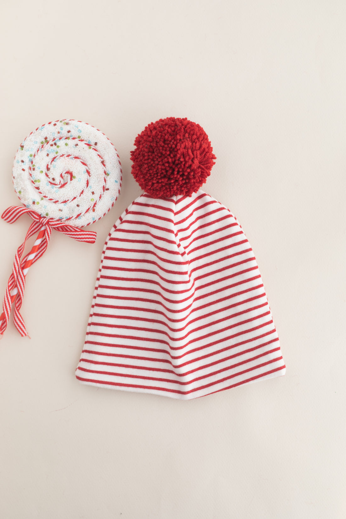 Unisex Kirmizi Beyaz Cizgili Ponpon Cift Katli Likrali Penye Bere