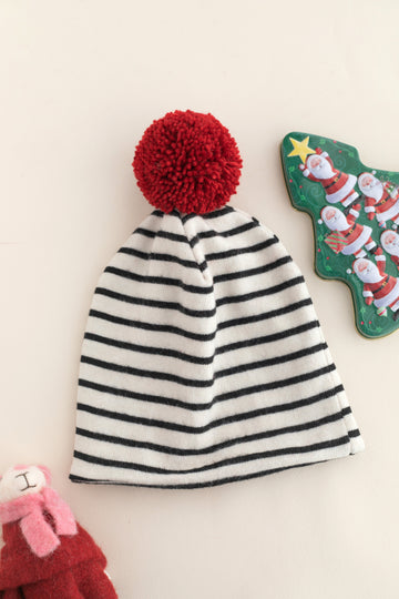 Unisex Siyah Beyaz Cizgili Kirmizi Ponpon Cift Katli Likrali Penye Bere