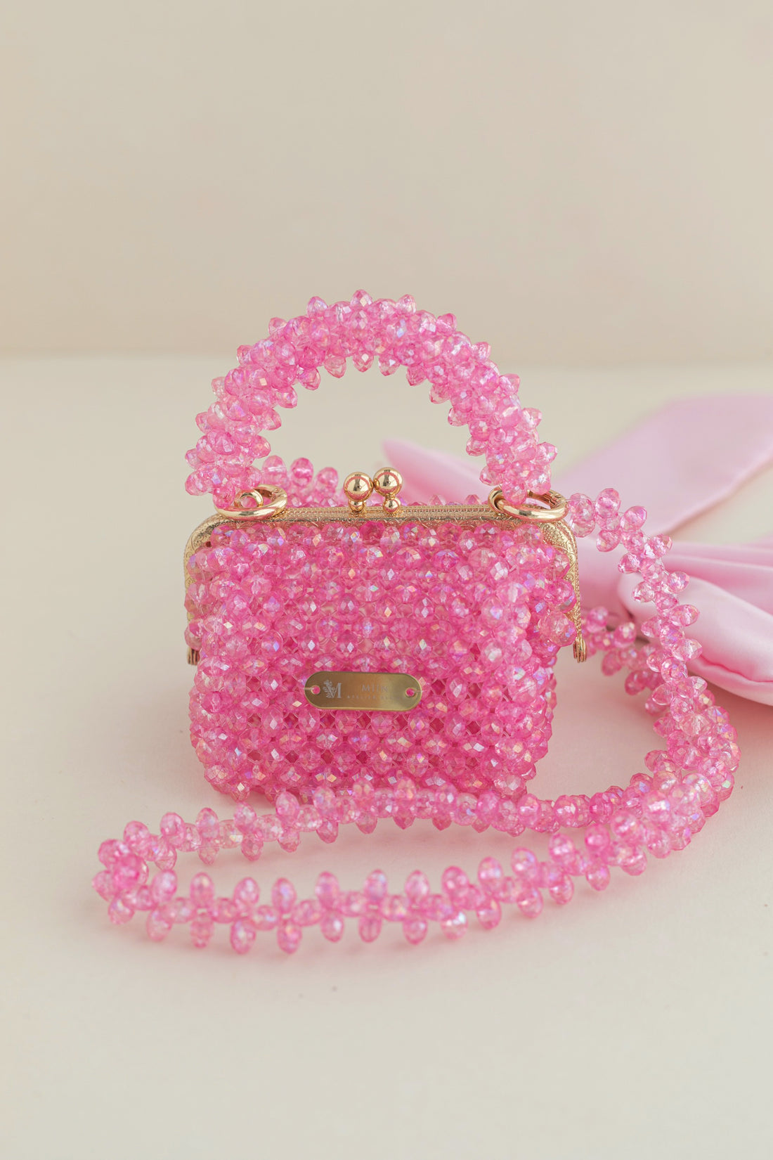 Hand Knitted Flap Mini Pastel Beaded Shoulder Bag