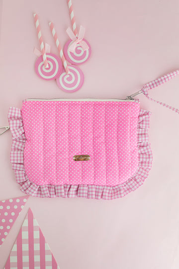 Neon Pembe Puantiyeli Fırfırlı Fermuarlı Kapitone Çanta