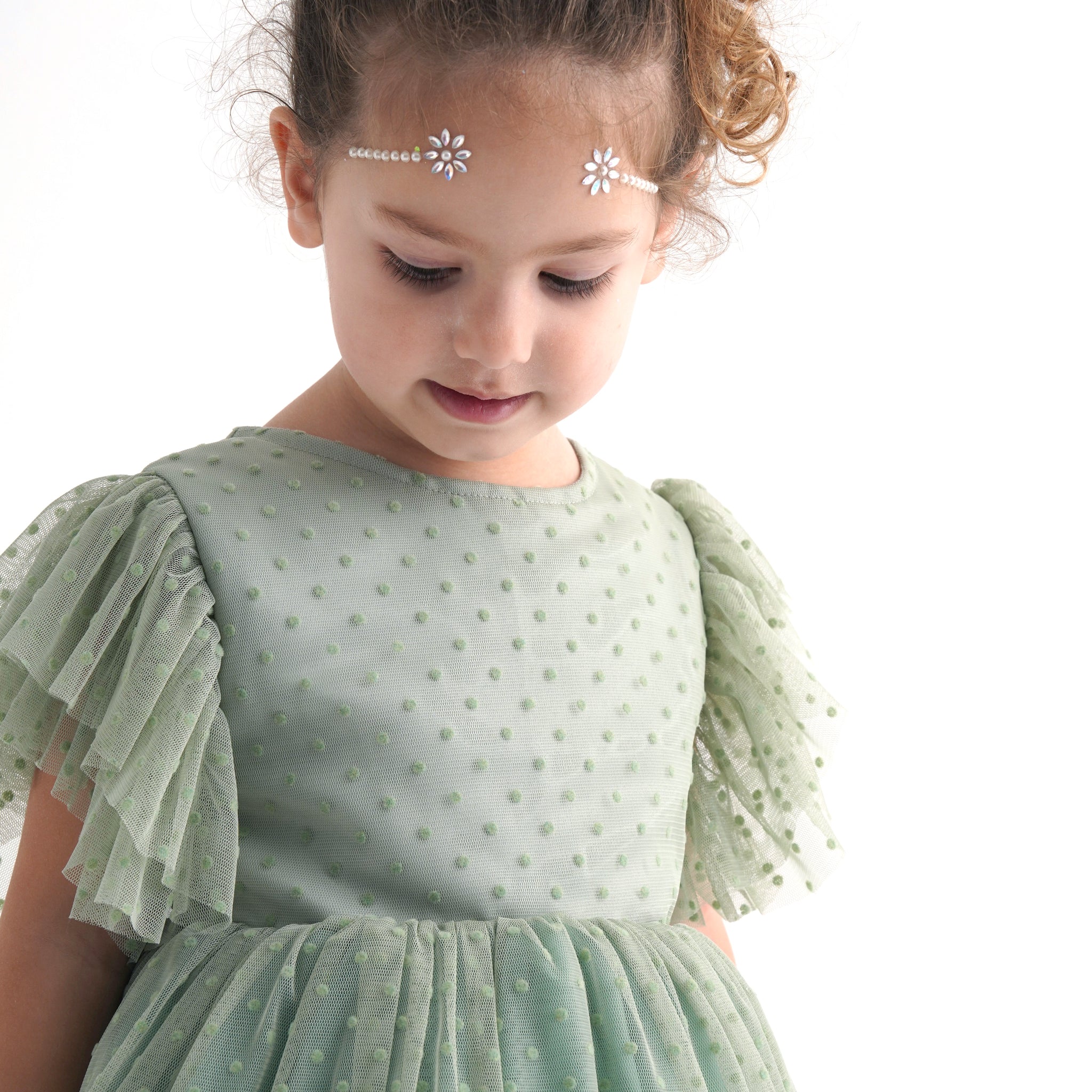 Mint Green Polka Dot Ruffle Sleeve Lycra Tulle Dress