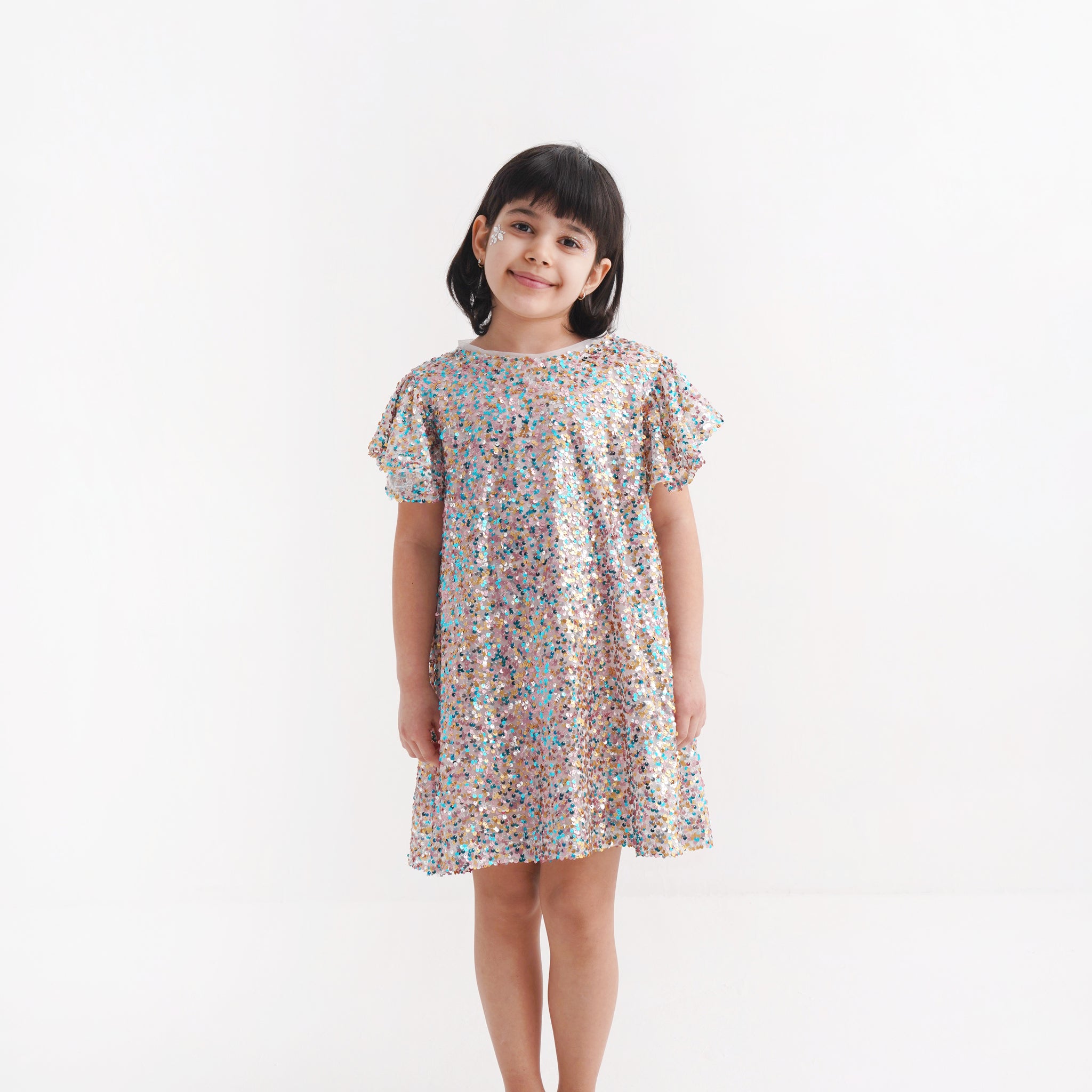 Pastel Hologram Sequined Dress with Flounce Sleeves