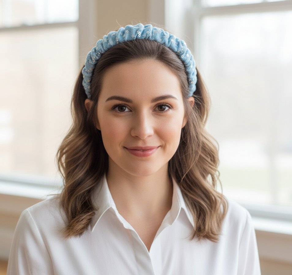 Gumus Rengi Mini Payet islemeli Buz Mavisi Büzgülü Denim Taç Cocuk ve Yetiskin