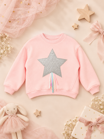 Gold Yıldız Aplike Nakışlı Kurdele Detaylı Pembe Kız Çocuk Sweatshirt