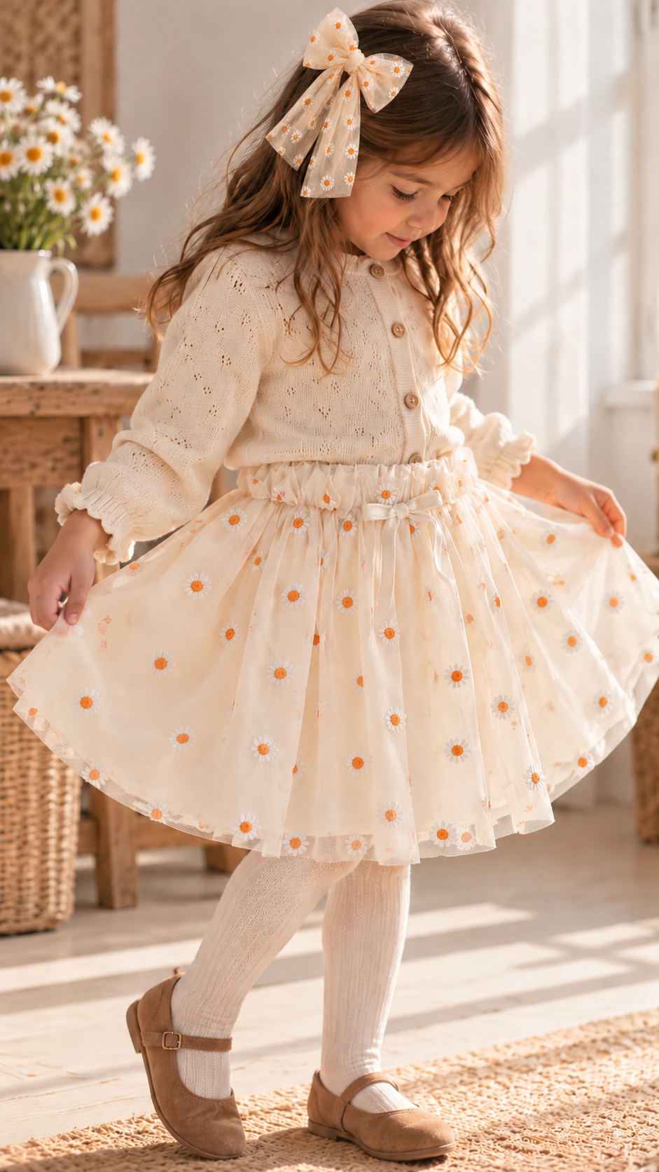 Toka Hediyeli Papatya Nakışlı Bej Rengi Yumuşak Tütü Etek