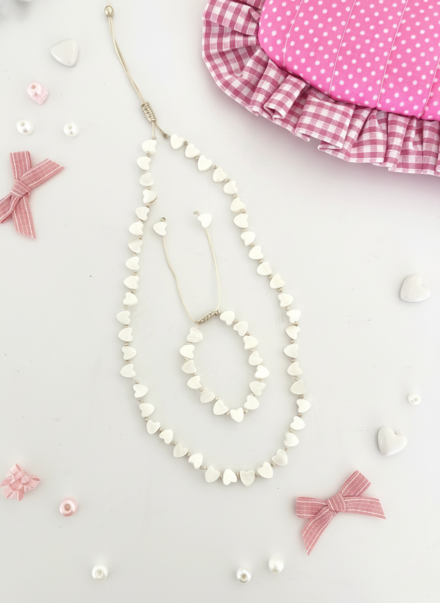 Ekru Renk Sedefli Kalp Figürlü Kolye ve Bileklik Set - Çocuk