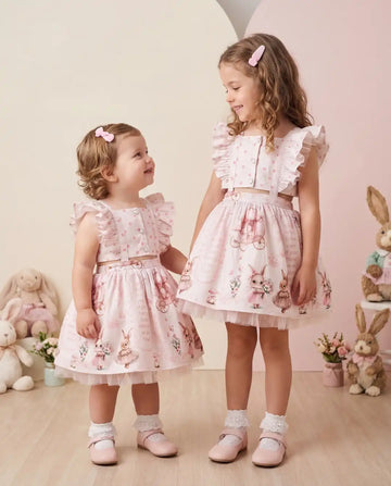 Tavşan Desenli Pembe Kız Çocuk Elbise – Fırfırlı Askılı Prenses Elbise (2-5 Yaş)